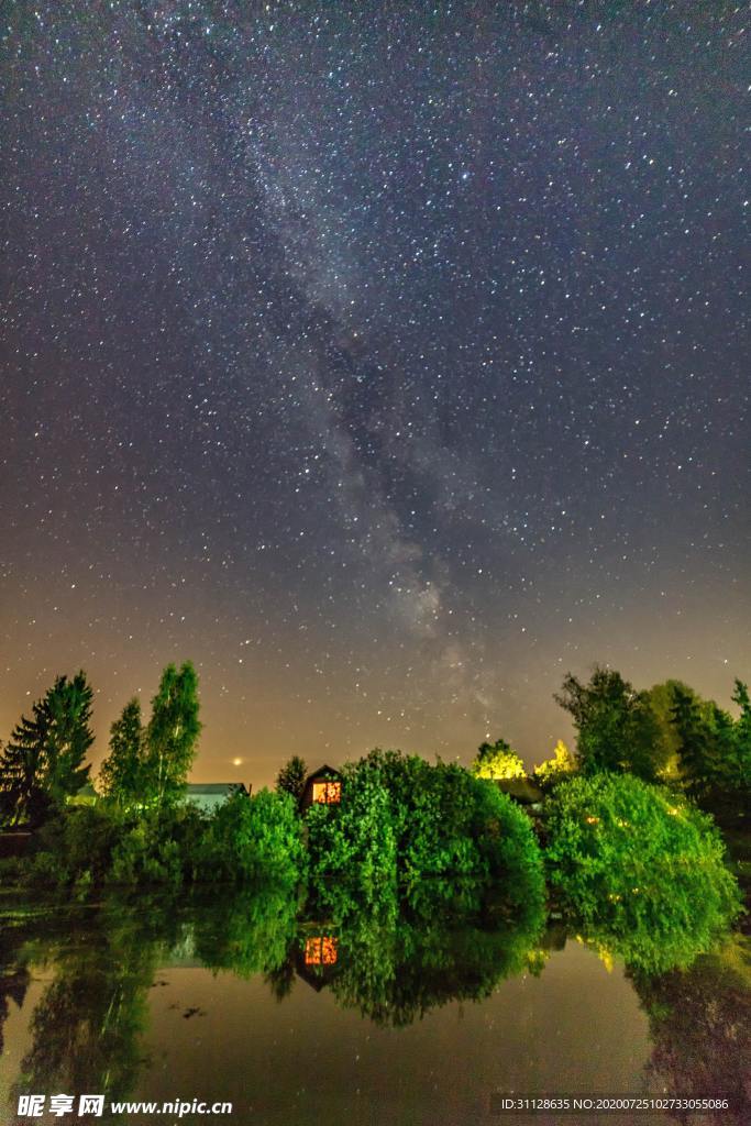 星空 树木 河流