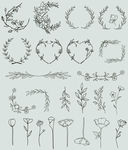 黑白线描花枝花草剪影