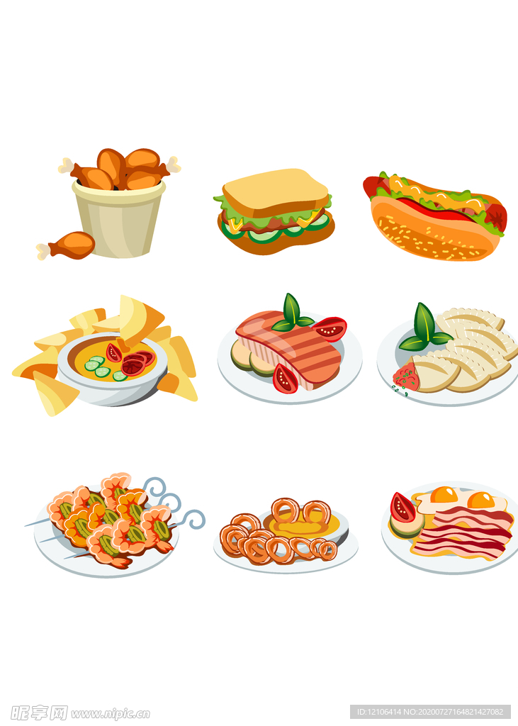 多种食物的矢量卡通手绘