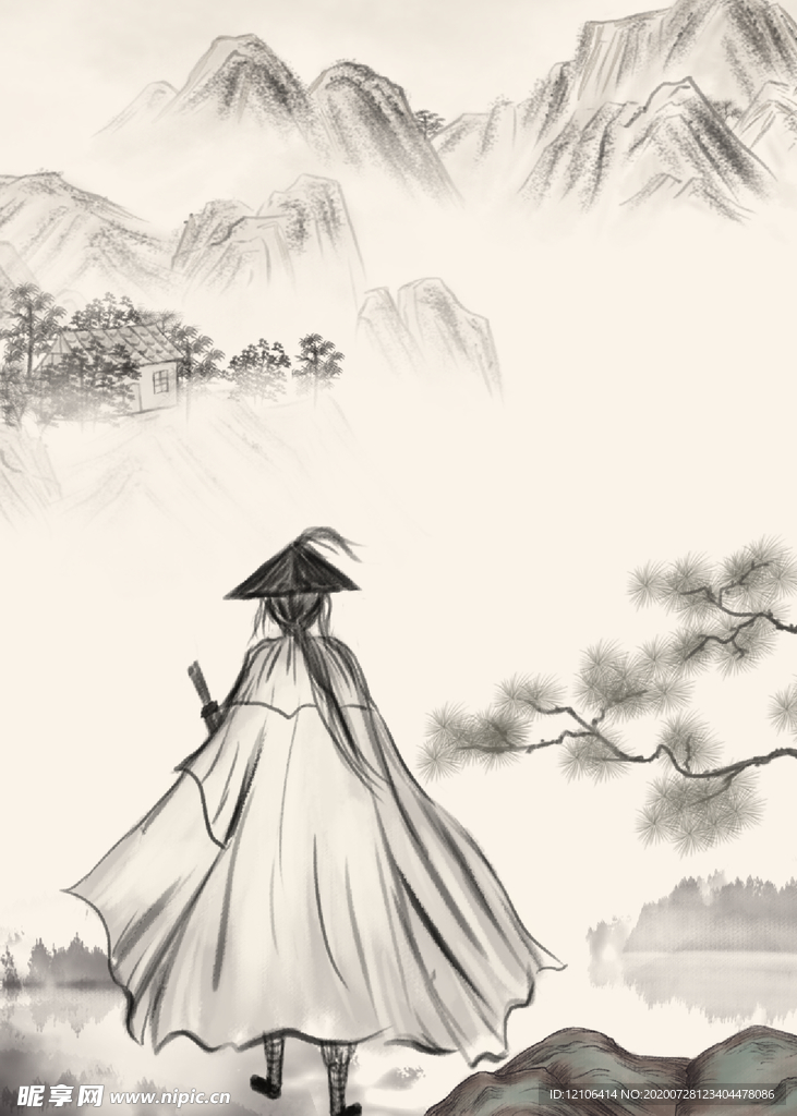 大气水墨侠客英雄榜群山背景