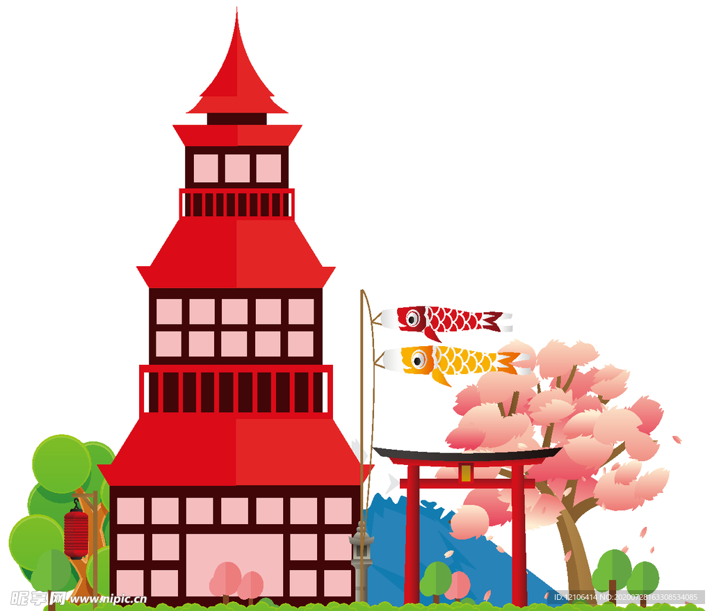 日本建筑插画东京塔富士山樱花