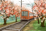 火车花林插画清新背景素材
