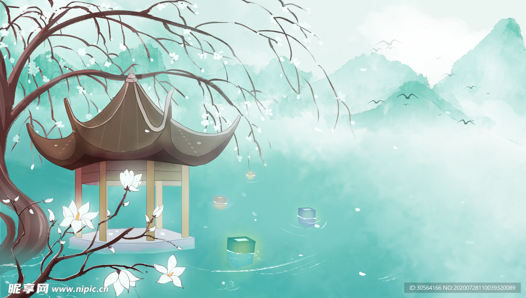 凉亭古风壁画墙画背景素材