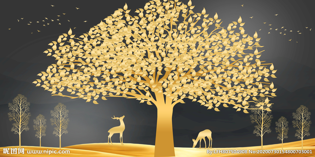 新中式金色麋鹿大树装饰画