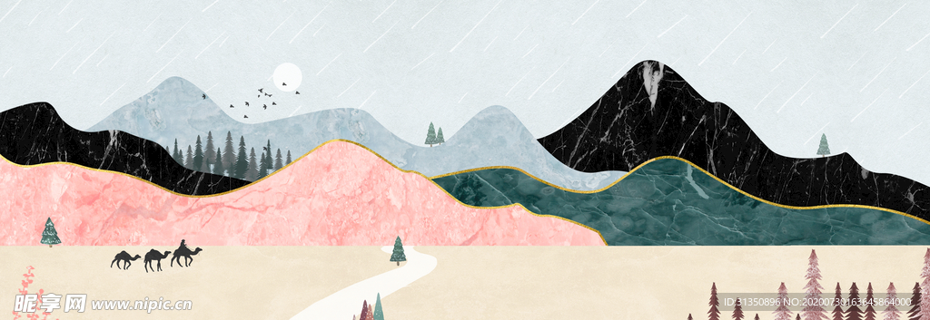 新中式莫兰迪山川河流水装饰画