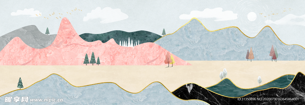 新中式莫兰迪意境山水风景装饰画
