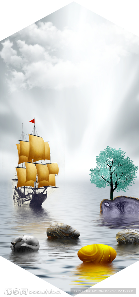 新中式帆船石头风景装饰画