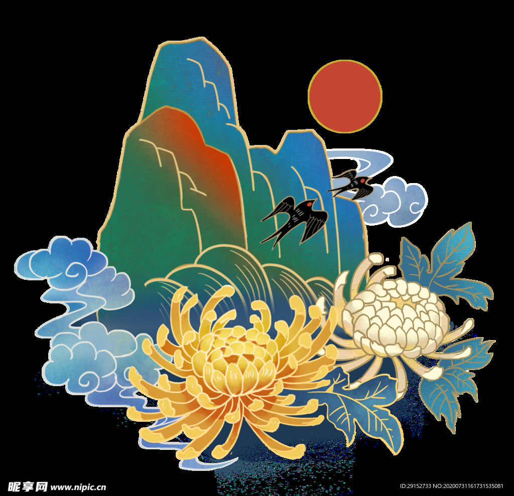 国潮风复古山峦菊花