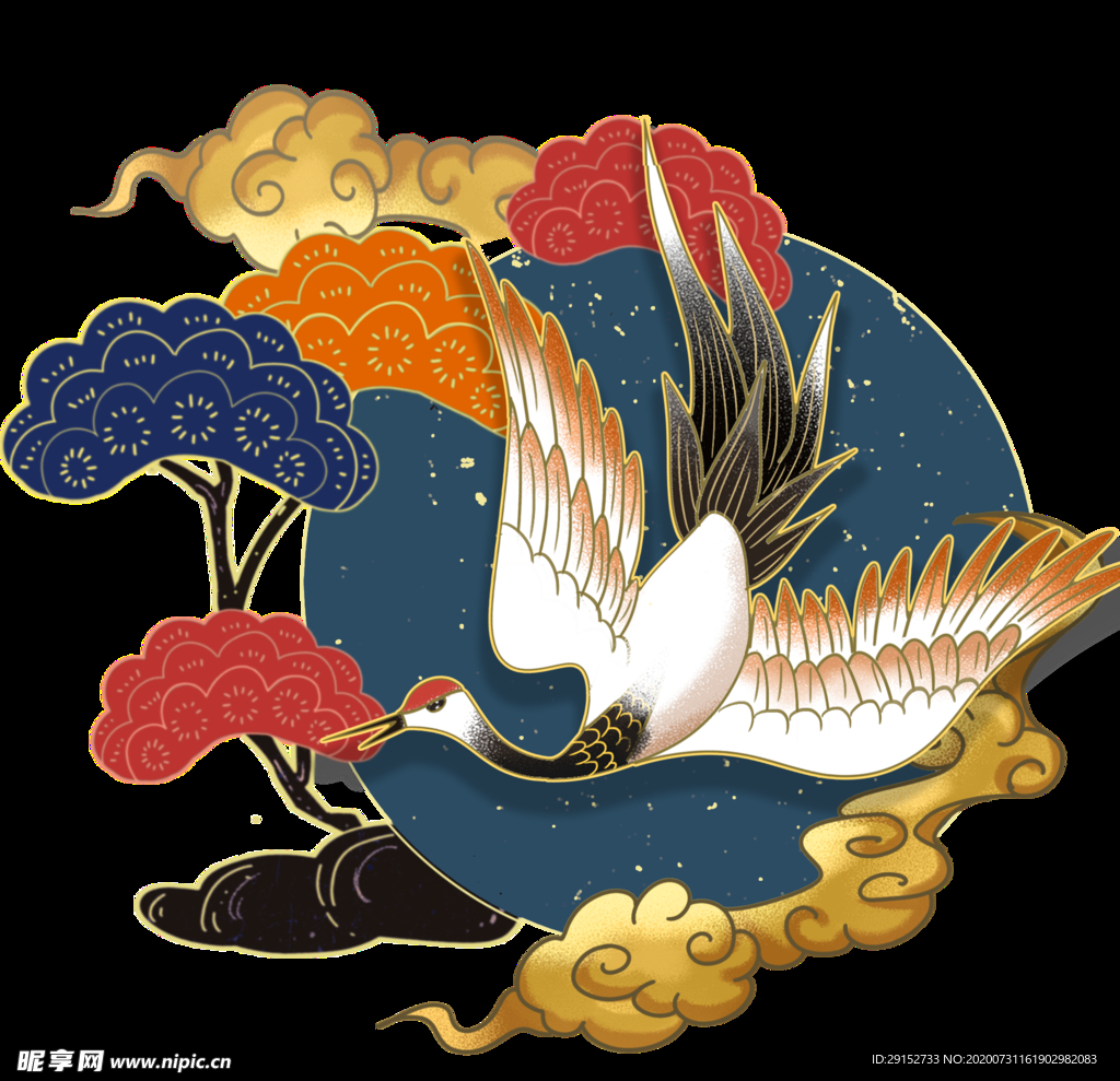 国潮复古中式松树仙鹤