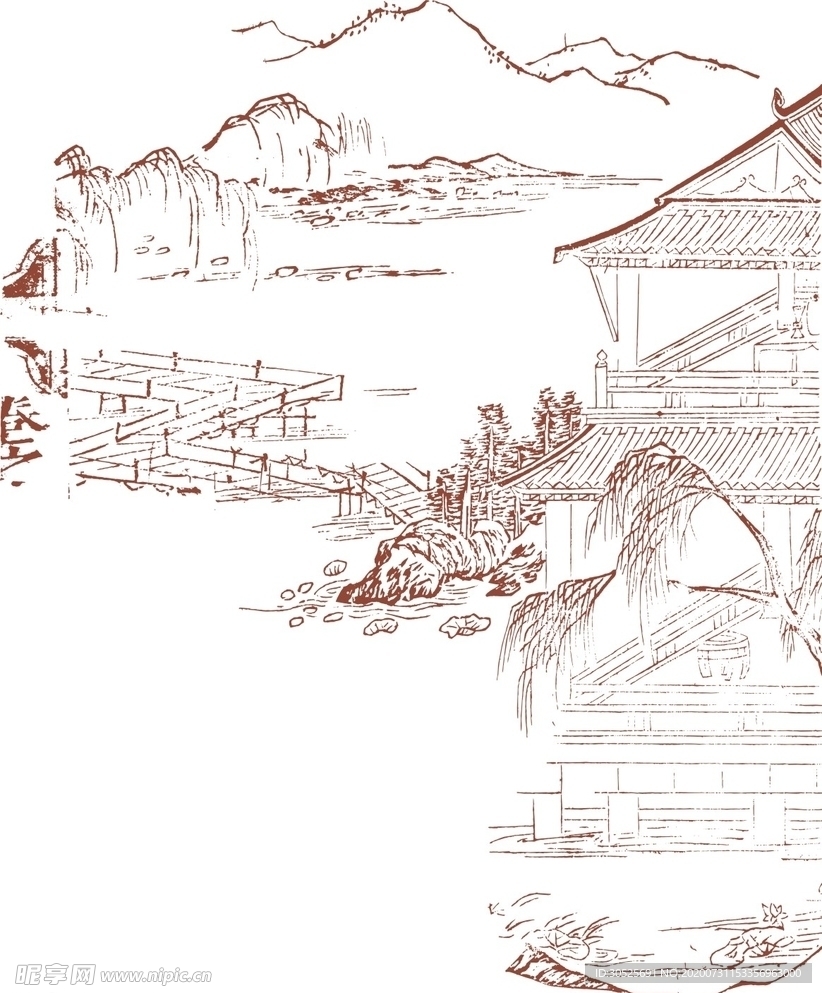 中国山水画  传统图  素描山