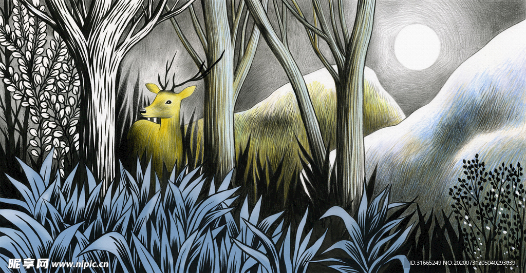 横幅装饰画 手绘森林麋鹿