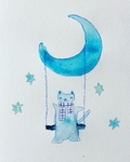 月亮星星喵咪水彩水墨画背景图片