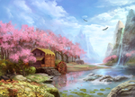 油画桃花瀑布