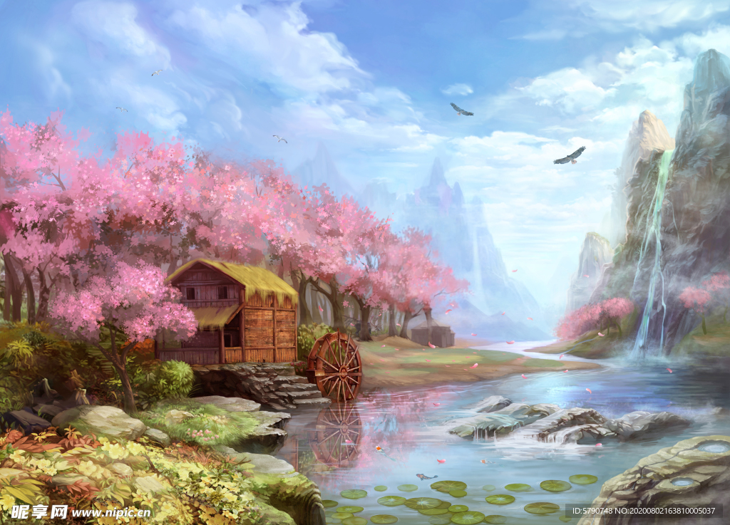 油画桃花瀑布