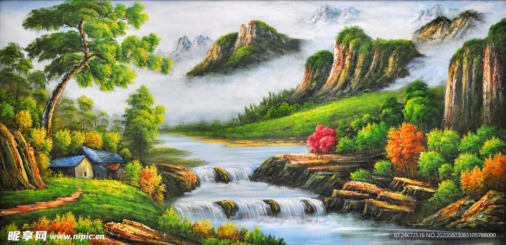 高清 山水风景 油画 聚宝盆