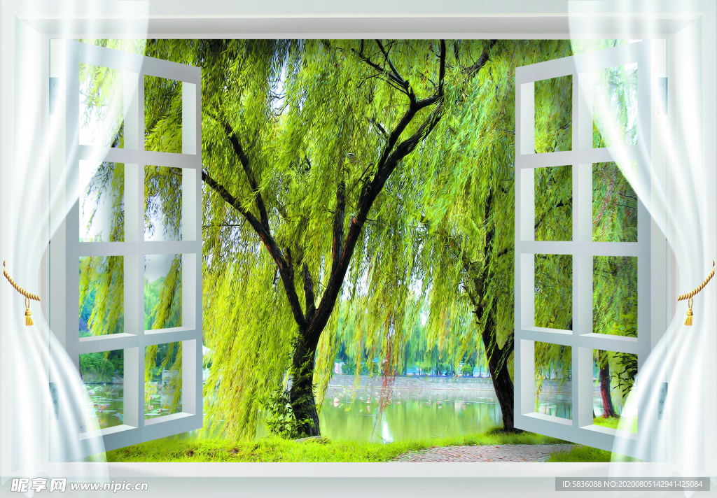 3D假窗风景柳树装饰画