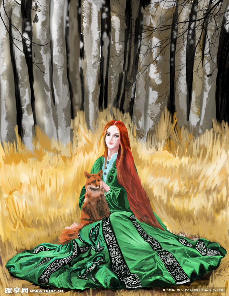 草地上抱狐狸的穿绿衣服的女人