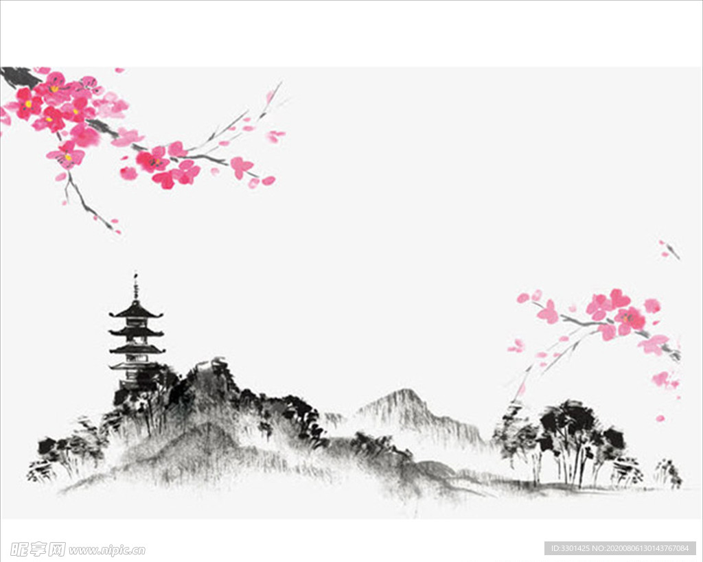 梅花山水画雪梅花素材