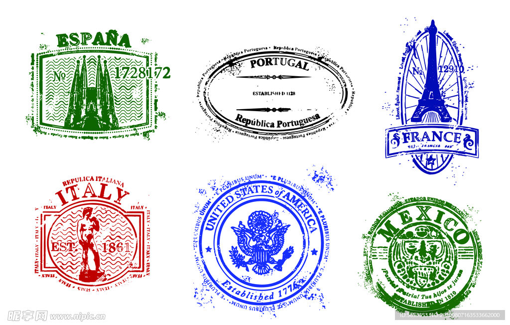 矢量邮戳邮票世界著名国家