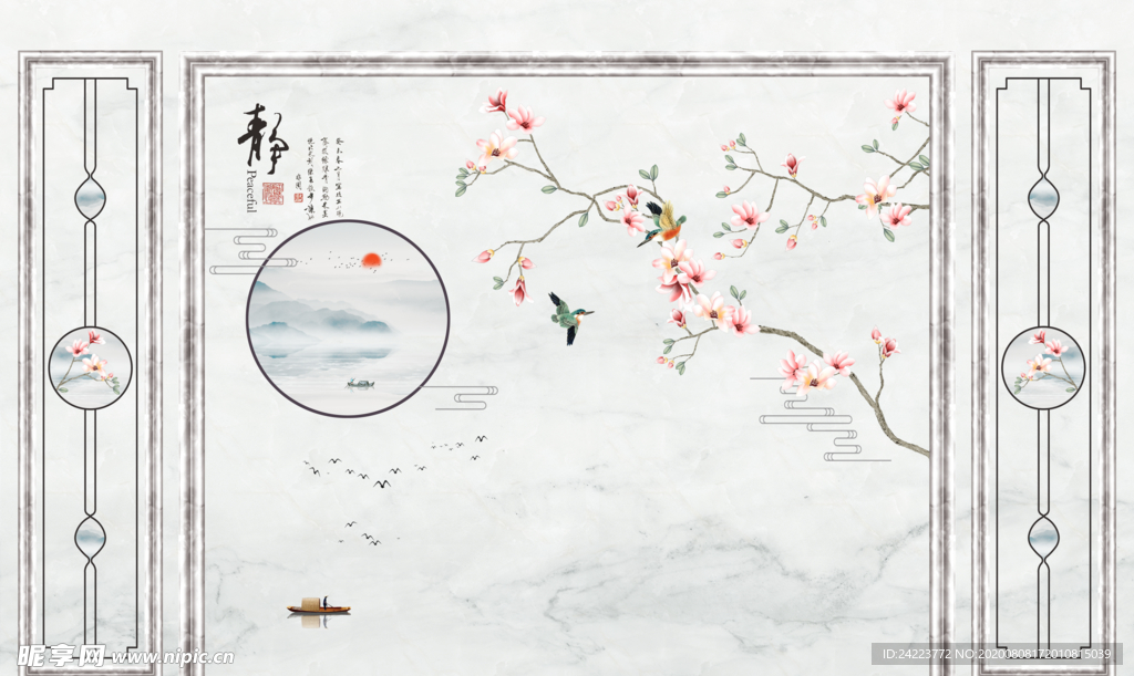 边框大理石花鸟造型背景墙
