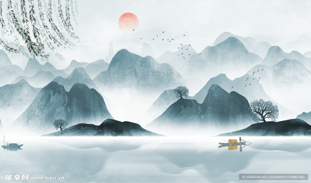 国风山水墙贴墙画壁画背景素材