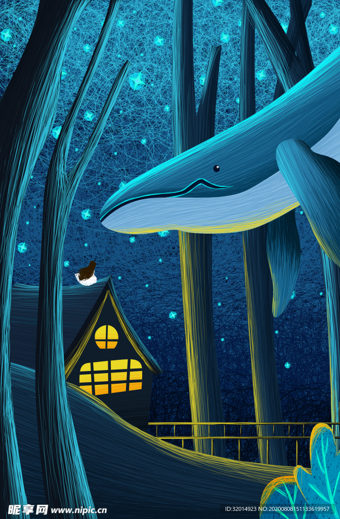梦幻海洋鲸鱼与房屋治愈插画设计