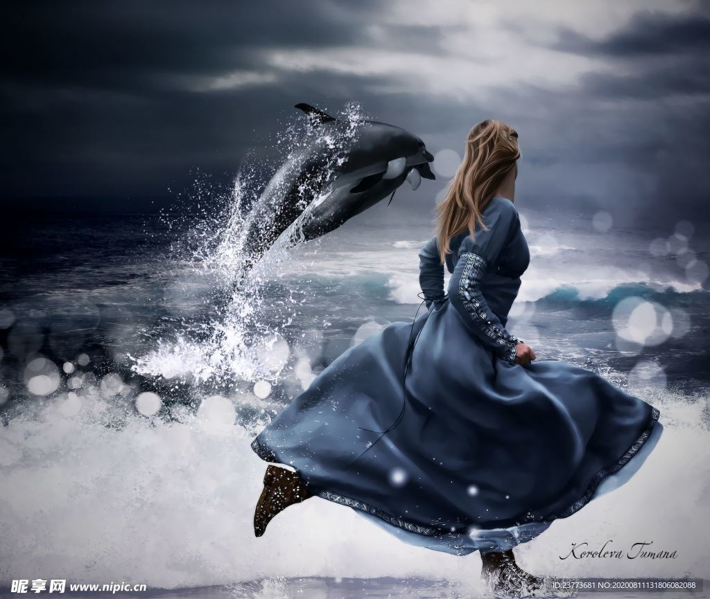 奔跑 海滩 美女 海边 海豚