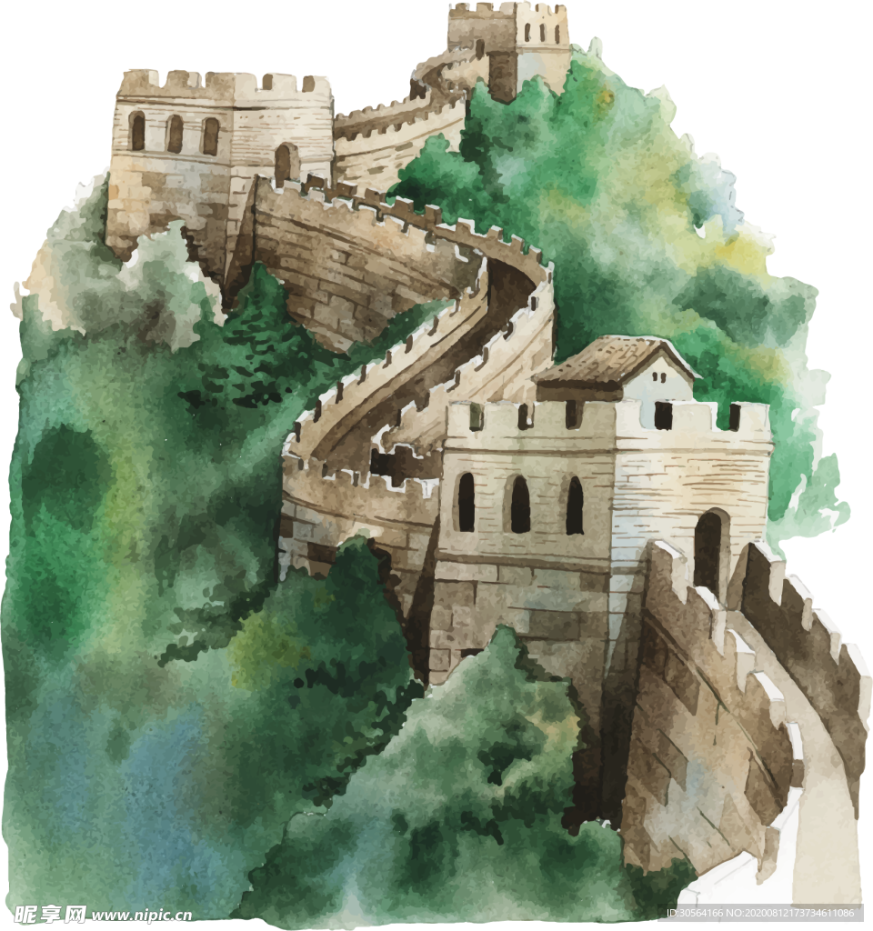 长城建筑水彩合成海报素材