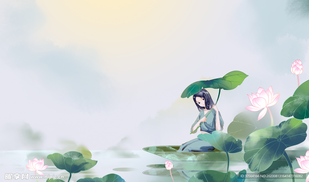 女性人物荷花夏季合成海报素材