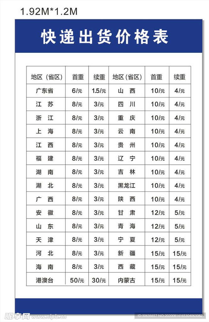 快递出货价格表