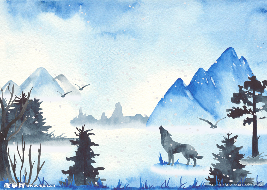 山村雪景水彩画
