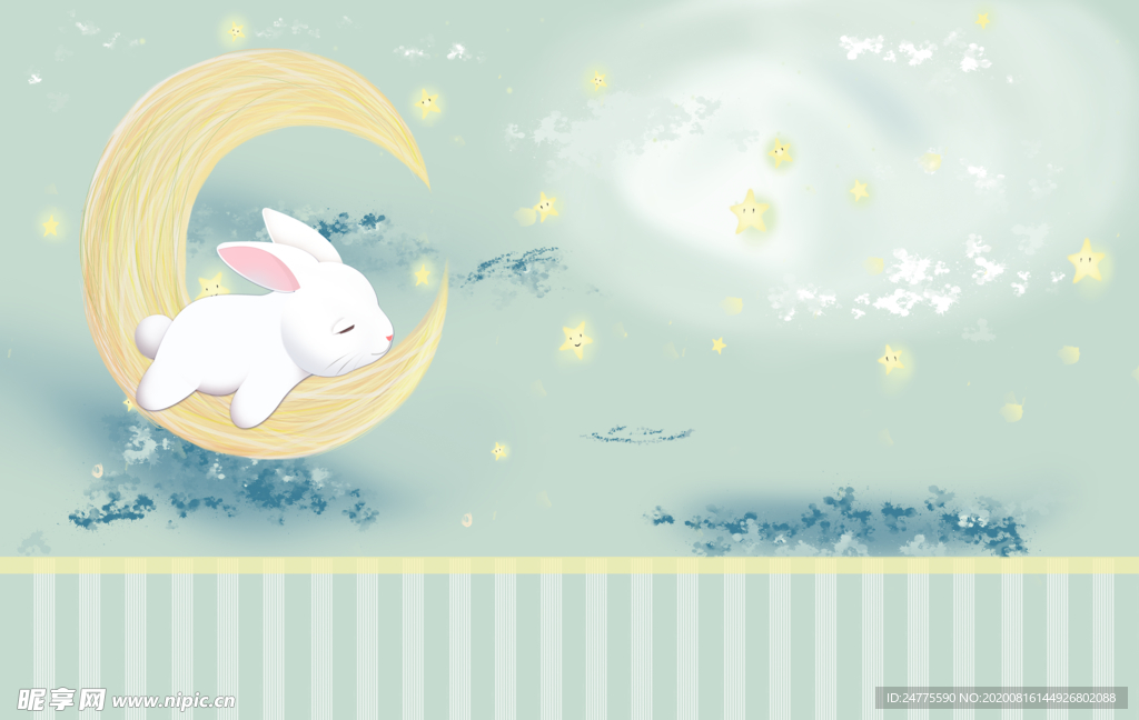 儿童房背景墙 兔子 月亮