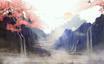 山水国风插画卡通合成背景素材