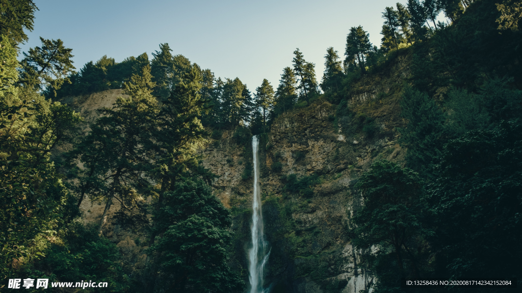 山崖瀑布森林树木风景
