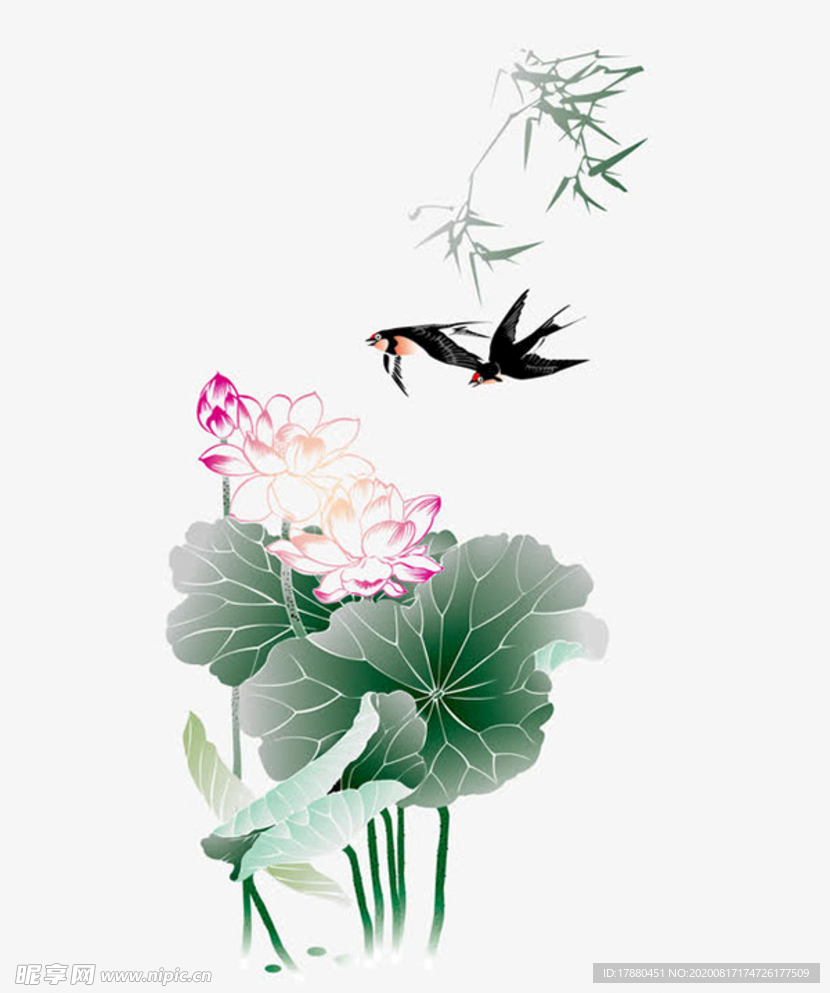 中国风荷花燕子装饰画