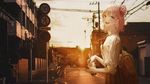 动漫少女黄昏甜美回眸一笑奶茶