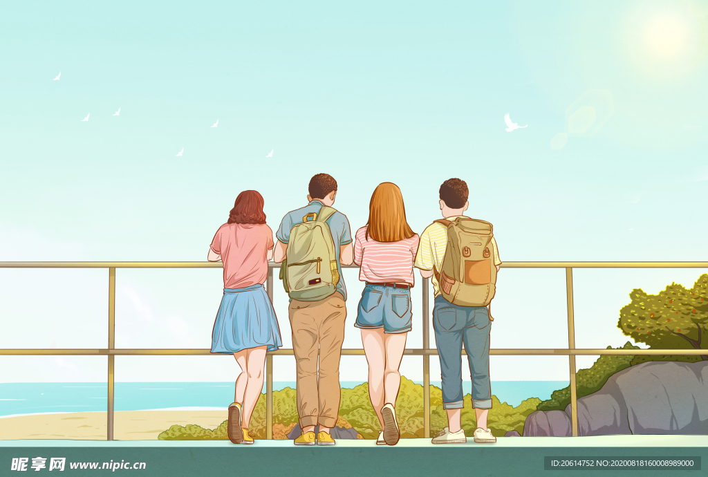 观赏美景的少年漫画