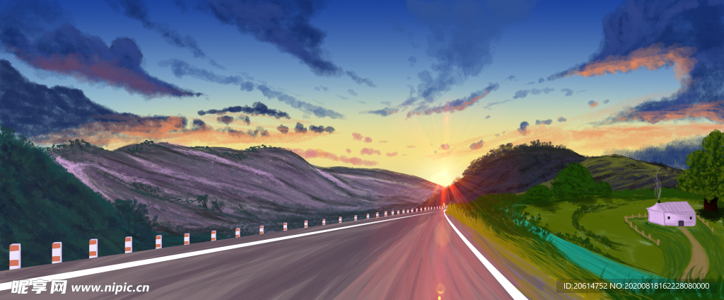 日暮下的道路美景漫画海报