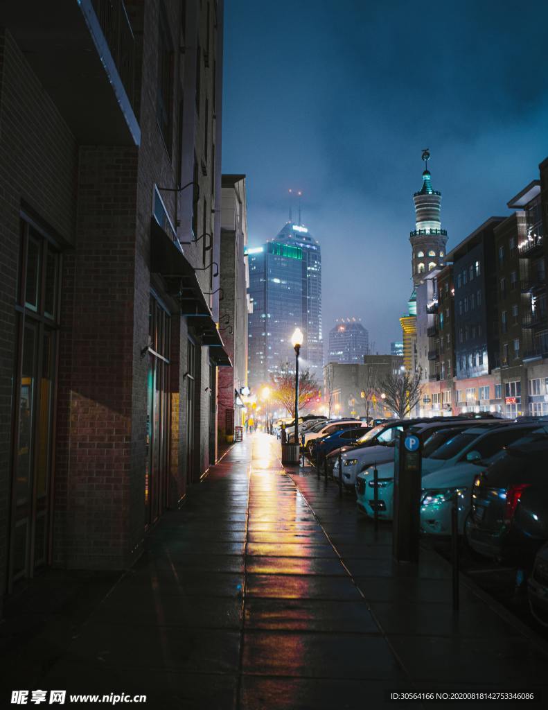 夜晚街道城市建筑道路背景素材