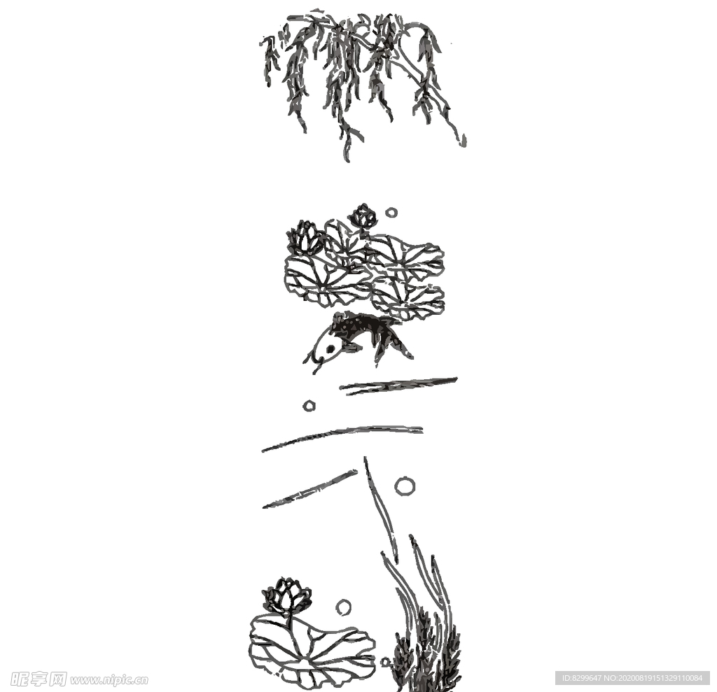 手绘鱼戏莲