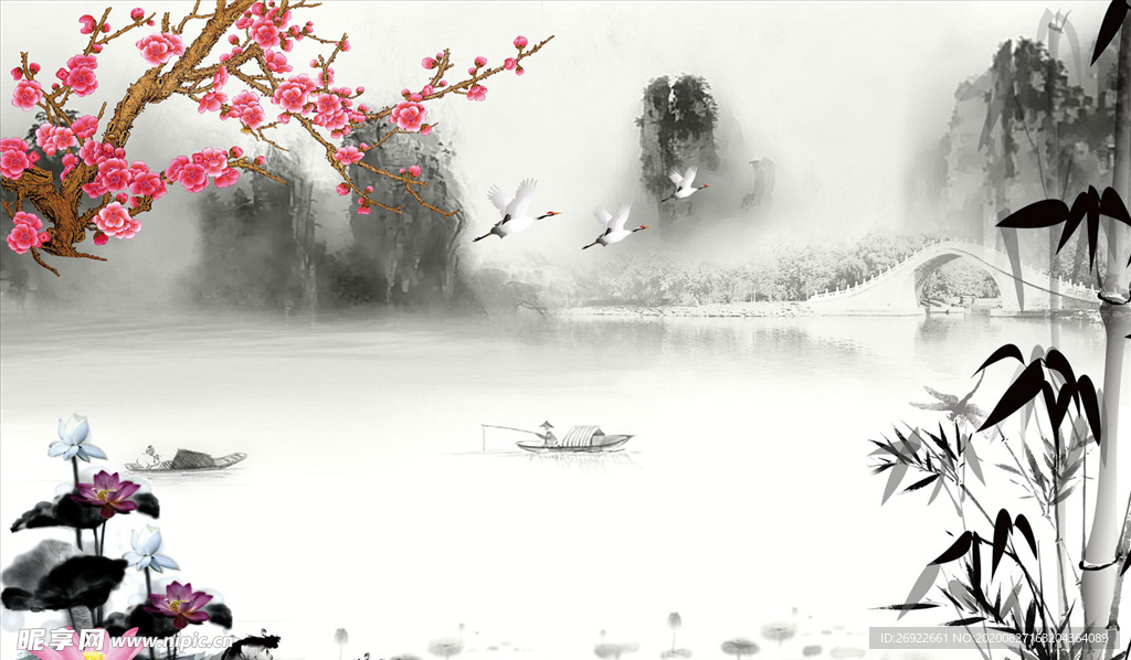 水墨山水 梅花 竹子 中式背景