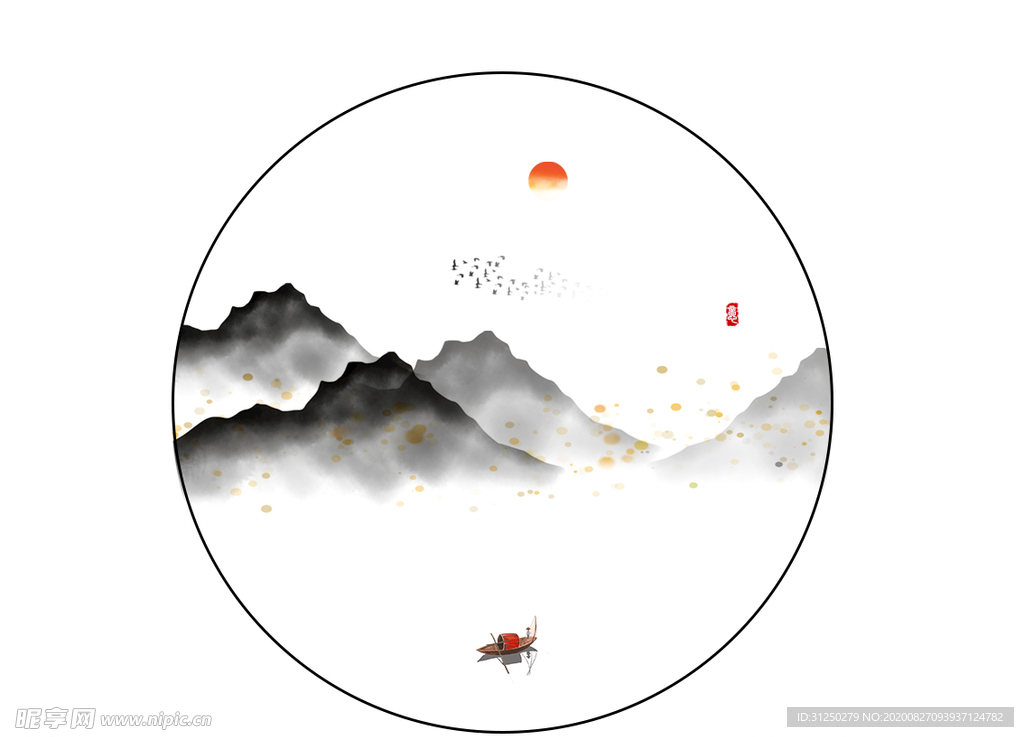 新中式圆框山水装饰画