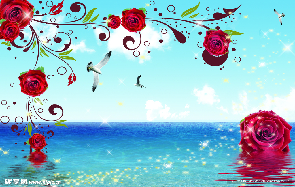 海水红玫瑰海鸥大海