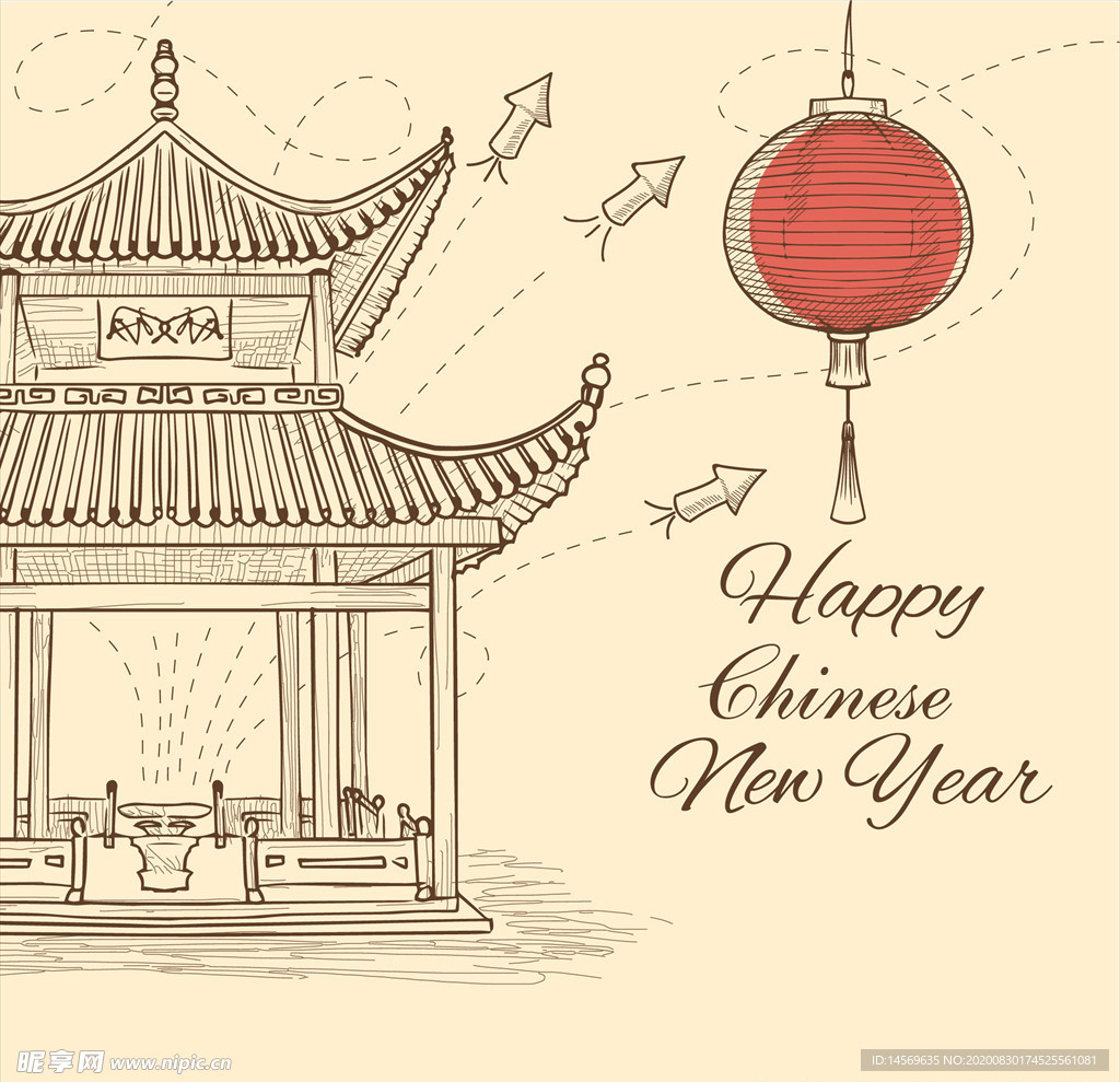 新年中国风古建筑矢量线描