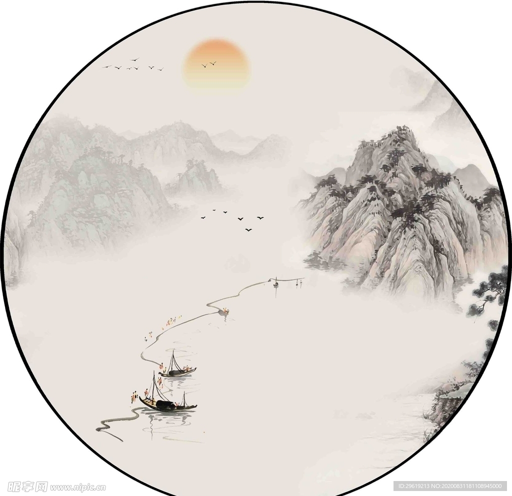 新中式山水圆形装饰画