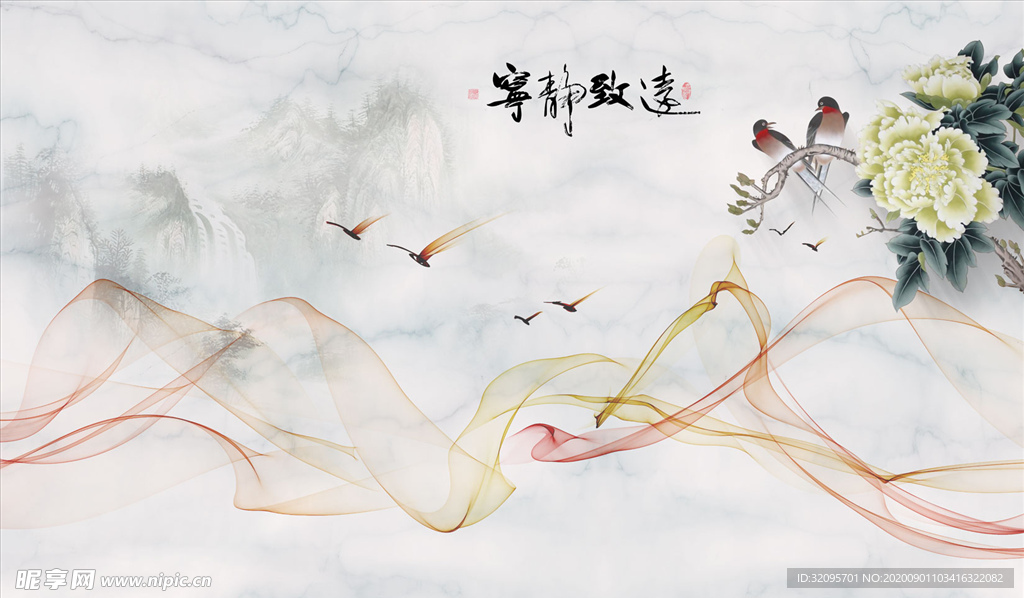 花鸟画牡丹背景墙
