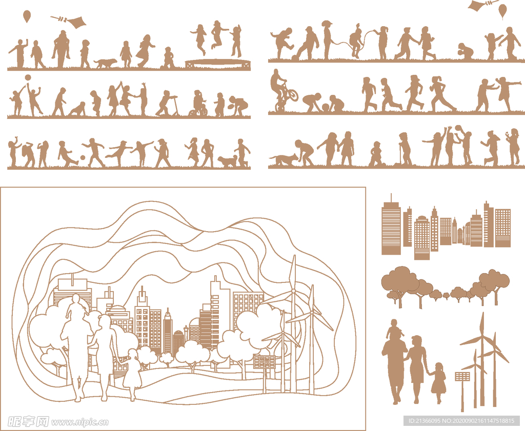 人物生活动态城市剪影矢量图