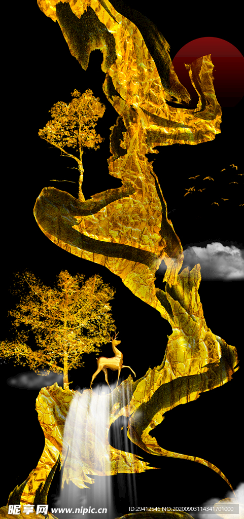 抽象烁金麋鹿艺术金山银水装饰画