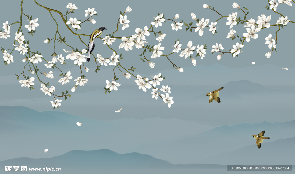 工笔花鸟背景墙装饰画