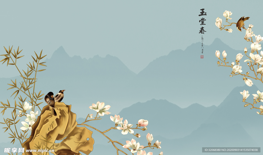 工笔花鸟背景墙装饰画